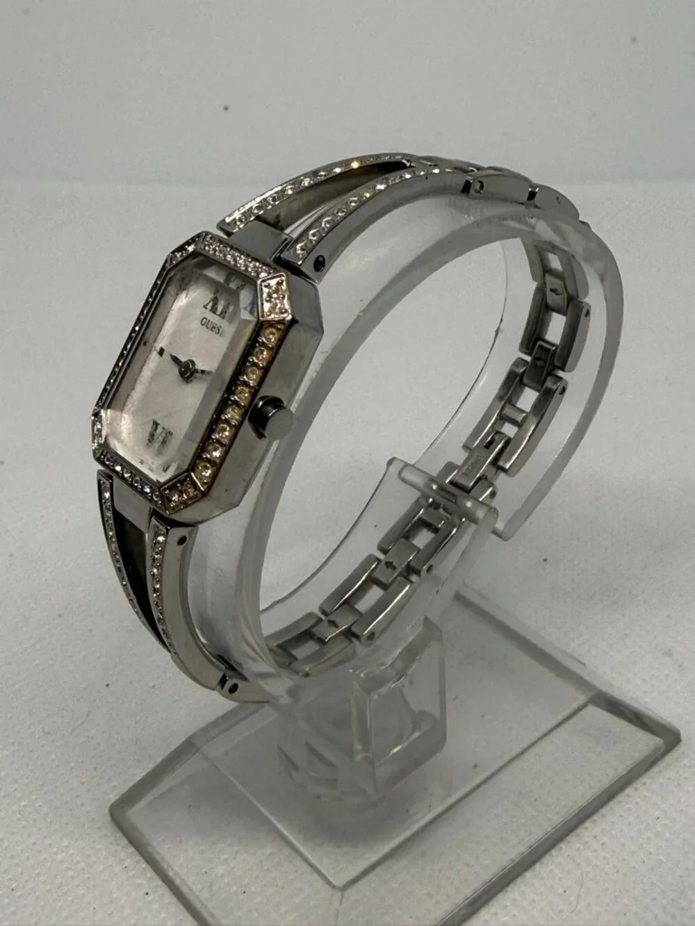 Guess Women's Silver-Tone Crystal Accented Rectangular Bracelet Watch